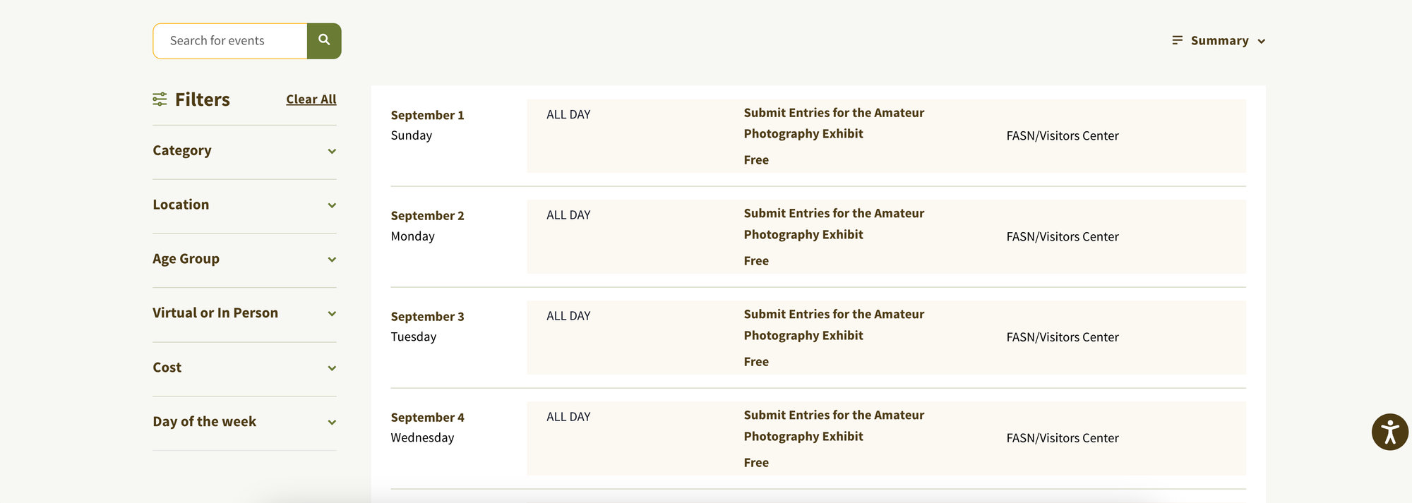 The "summary view" on the events page. 